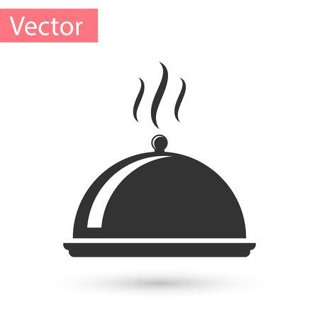 Grey Covered with a tray of food icon isolated on white background. Tray and lid sign. Restaurant cloche with lid. kitchenware symbol. Vector Illustrationのイラスト素材