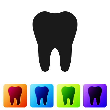 Black Tooth icon isolated on white background. Tooth symbol for dentistry clinic or dentist medical center and toothpaste package. Set icon in color square buttons. Vector Illustrationのイラスト素材