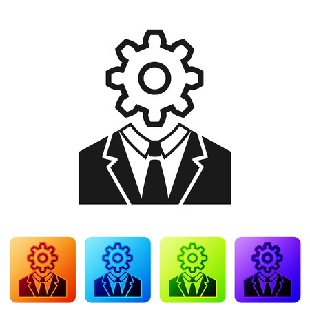 Black Human head with gear inside icon isolated on white background. Artificial intelligence. Thinking brain sign. Symbol work of brain. Set icon in color square buttons. Vector Illustrationのイラスト素材