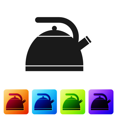 Black Kettle with handle icon isolated on white background. Teapot icon. Set icon in color square buttons. Vector Illustrationのイラスト素材