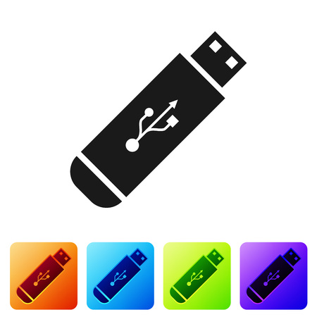 Black USB flash drive icon isolated on white background. Set icon in color square buttons. Vector Illustrationのイラスト素材