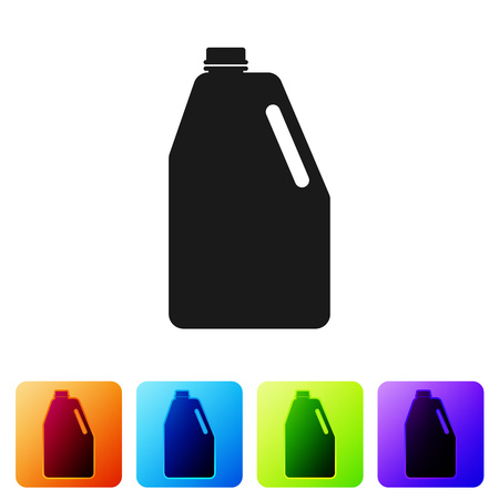 Black Household chemicals blank plastic bottle icon isolated on white background. Liquid detergent or soap, stain remover, laundry bleach. Set icon in color square buttons. Vector Illustrationのイラスト素材