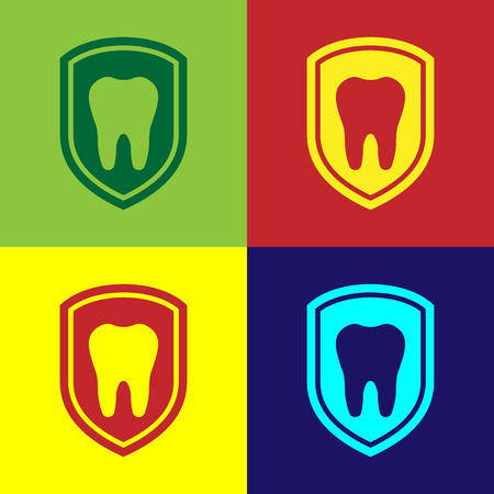 Color Dental protection icon isolated on color backgrounds. Tooth on shield logo icon. Flat design. Vector Illustrationのイラスト素材