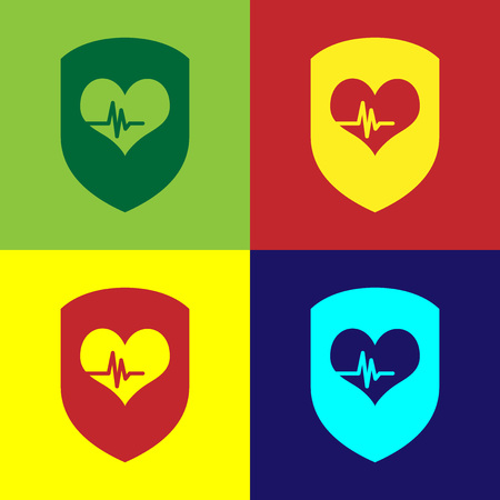 Color Shield and heart rate icon isolated on color backgrounds. Health protection concept. Health care. Flat design. Vector Illustrationのイラスト素材