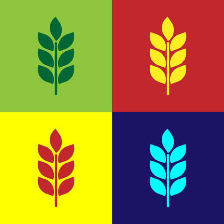 Color Cereals icon set with rice, wheat, corn, oats, rye, barley sign isolated on color backgrounds. Ears of wheat bread symbols. Agriculture wheat symbol. Flat design. Vector Illustrationのイラスト素材