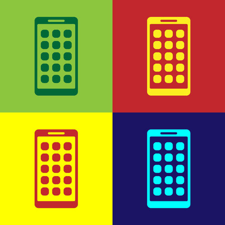 Color Mobile Apps icon isolated on color backgrounds. Smartphone with screen icons, applications. mobile phone showing screen. Flat design. Vector Illustrationのイラスト素材