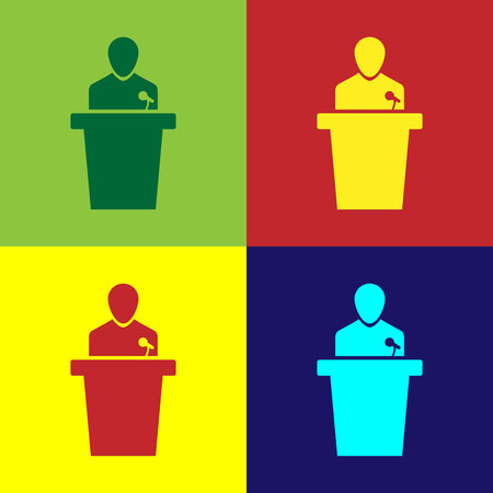 Color Speaker icon isolated on color backgrounds. Orator speaking from tribune. Public speech. Person on podium. Flat design. Vector Illustrationのイラスト素材