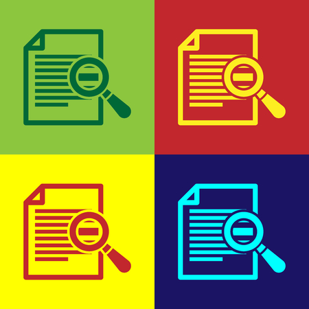Color Document with search icon isolated on color backgrounds. File and magnifying glass icon. Analytics research sign. Flat design. Vector Illustrationのイラスト素材