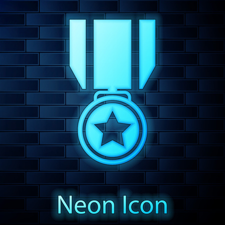 Glowing neon Medal with star icon isolated on brick wall background. Winner achievement sign. Award medal. Vector Illustrationのイラスト素材