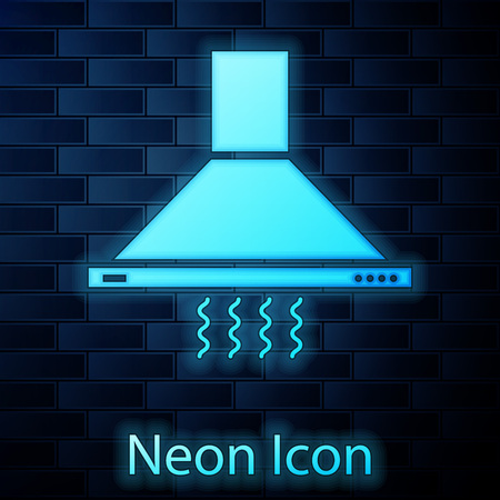 Glowing neon Kitchen extractor fan icon isolated on brick wall background. Cooker hood. Kitchen exhaust. Household appliance. Vector Illustrationのイラスト素材