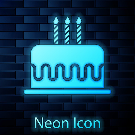 Glowing neon Cake with burning candles icon isolated on brick wall background. Happy Birthday. Vector Illustrationのイラスト素材