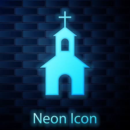 Glowing neon Church building icon isolated on brick wall background. Christian Church. Religion of church. Vector Illustrationのイラスト素材