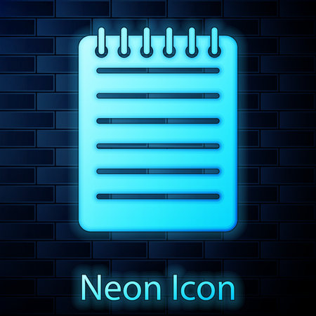 Glowing neon Notebook icon isolated on brick wall background. Spiral notepad icon. School notebook. Writing pad. Diary for business. Notebook cover design. Office stationery items. Vector Illustrationのイラスト素材