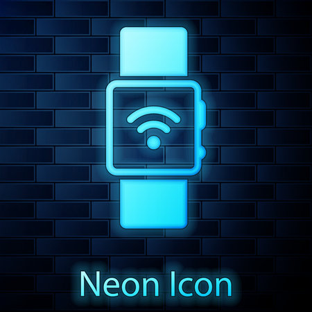 Glowing neon Smartwatch with wireless symbol icon isolated on brick wall background. Vector Illustrationのイラスト素材