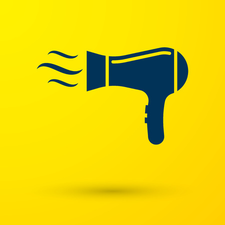 Blue Hair dryer icon isolated on yellow background. Hairdryer sign. Hair drying symbol. Blowing hot air. Vector Illustrationのイラスト素材