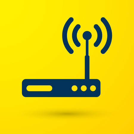Blue Router and wi-fi signal symbol icon isolated on yellow background. Wireless ethernet modem router. Computer technology internet. Vector Illustrationのイラスト素材