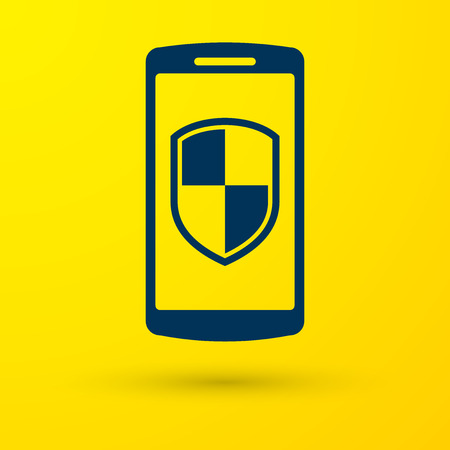 Blue Smartphone, mobile phone with security shield icon isolated on yellow background. Vector Illustrationのイラスト素材
