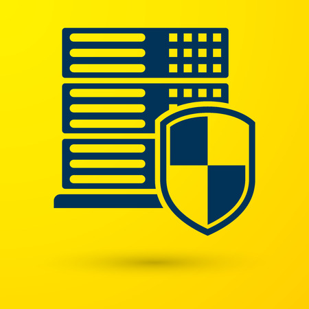 Blue Server with shield icon isolated on yellow background. Protection against attacks. Network firewall, router, switch or server, data, center. Vector Illustrationのイラスト素材