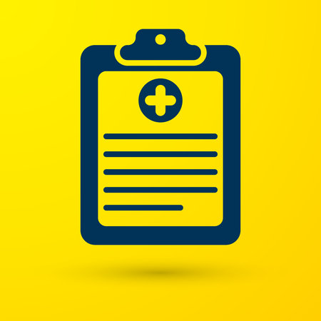 Blue Medical clipboard with clinical record icon isolated on yellow background. Health insurance form. Document: clinical record, prescription, medical check marks report. Vector Illustrationのイラスト素材