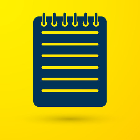Blue Notebook icon isolated on yellow background. Spiral notepad icon. School notebook. Writing pad. Diary for business. Notebook cover design. Office stationery items. Vector Illustrationのイラスト素材