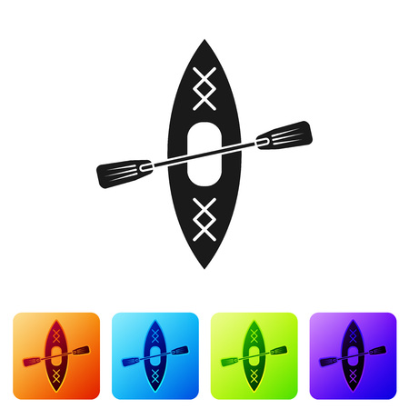 Black Kayak and paddle icon isolated on white background. Kayak and canoe for fishing and tourism. Outdoor activities. Set icon in color square buttons. Vector Illustrationのイラスト素材