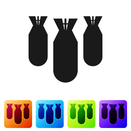 Black Aviation bombs icon isolated on white background. Rocket bomb flies down. Set icon in color square buttons. Vector Illustrationのイラスト素材