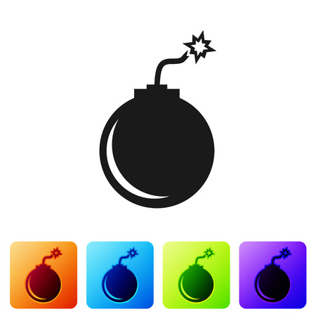 Black Bomb ready to explode icon isolated on white background. Set icon in color square buttons. Vector Illustrationのイラスト素材