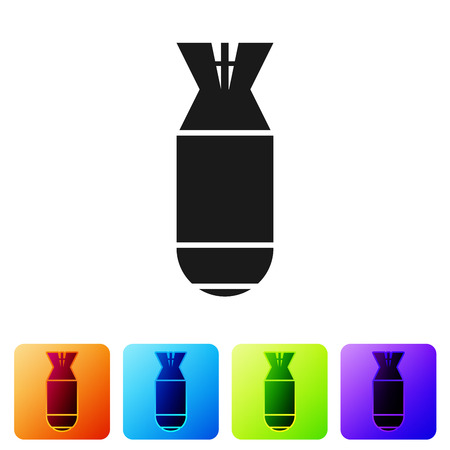 Black Aviation bomb icon isolated on white background. Rocket bomb flies down. Set icon in color square buttons. Vector Illustrationのイラスト素材