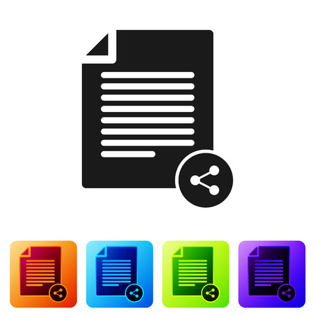 Black Share file icon isolated on white background. File sharing. File transfer sign. Set icon in color square buttons. Vector Illustrationのイラスト素材
