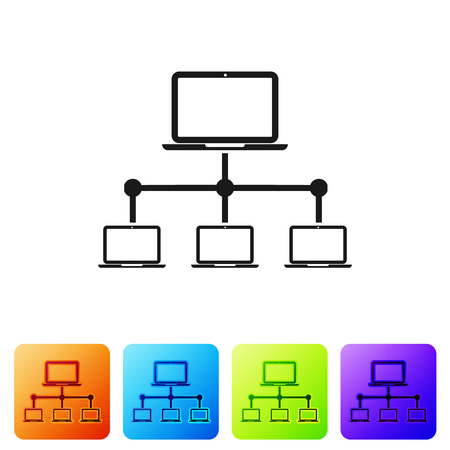 Black Computer network icon isolated on white background. Laptop network. Internet connection. Set icon in color square buttons. Vector Illustrationのイラスト素材