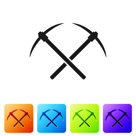 Black Crossed pickaxe icon isolated on white background. Blockchain technology, cryptocurrency mining, bitcoin, altcoins, digital money market. Set icon in color square buttons. Vector Illustrationのイラスト素材