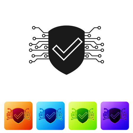 Black Cyber security icon isolated on white background. Shield with check mark sign. Safety concept. Digital data protection. Set icon in color square buttons. Vector Illustrationのイラスト素材