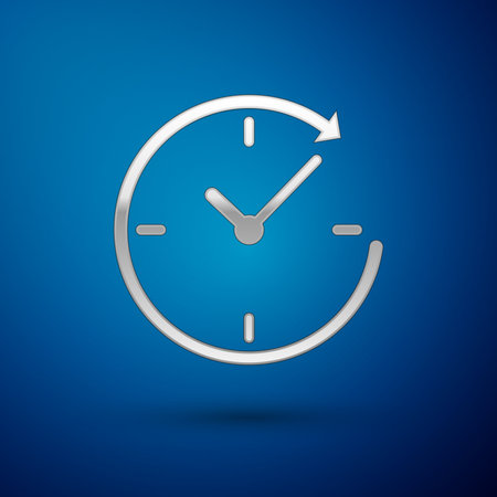 Silver Clock with arrow icon isolated on blue background. Time symbol. Clockwise rotation icon arrow and time. Vector Illustrationのイラスト素材
