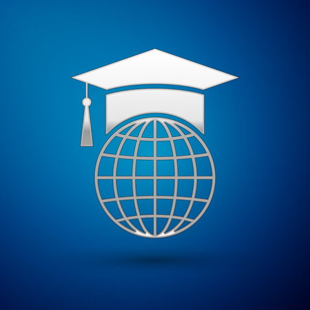 Silver Graduation cap on globe icon isolated on blue background. World education symbol. Online learning or e-learning concept. Vector Illustrationのイラスト素材