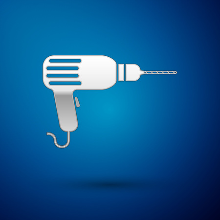 Silver Drill machine icon isolated on blue background. Vector Illustrationのイラスト素材