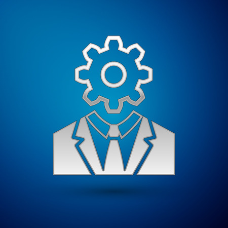 Silver Human head with gear inside icon isolated on blue background. Artificial intelligence. Thinking brain sign. Symbol work of brain. Vector Illustrationのイラスト素材