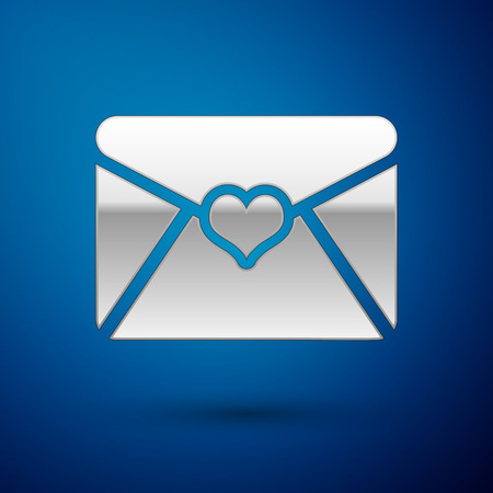 Silver Envelope with Valentine heart icon isolated on blue background. Letter love and romance. Vector Illustrationのイラスト素材