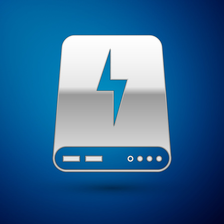 Silver Power bank icon isolated on blue background. Portable charging device. Vector Illustrationのイラスト素材