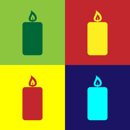 Color Burning candle icon isolated on color backgrounds. Old fashioned lit candle. Cylindrical aromatic candle stick with burning flame. Flat design. Vector Illustrationのイラスト素材