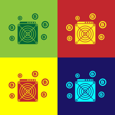 Color ASIC Miner icon isolated on color backgrounds. Cryptocurrency mining equipment and hardware. Application specific integrated circuit. Vector Illustrationのイラスト素材