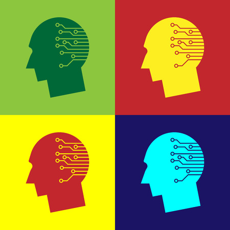 Color Human brain as digital circuit board icon isolated on color backgrounds. Artificial Intelligence. Human head outline with circuit lines inside. Vector Illustrationのイラスト素材