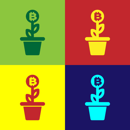 Color Bitcoin plant in the pot icon isolated on color backgrounds. Business investment growth concept. Blockchain technology, cryptocurrency mining. Vector Illustrationのイラスト素材