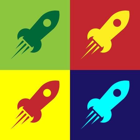 Color Rocket ship with fire icon isolated on color backgrounds. Space travel. Flat design. Vector Illustrationのイラスト素材