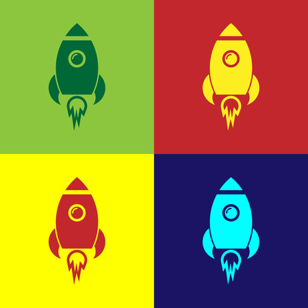 Color Rocket ship with fire icon isolated on color backgrounds. Space travel. Flat design. Vector Illustrationのイラスト素材