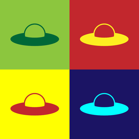 Color UFO flying spaceship icon isolated on color backgrounds. Flying saucer. Alien space ship. Futuristic unknown flying object. Flat design. Vector Illustrationのイラスト素材