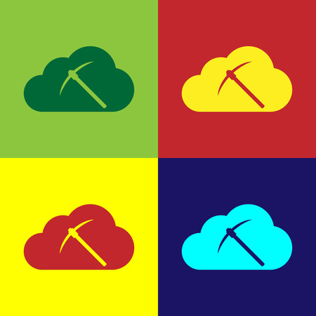 Color Cryptocurrency cloud mining icon isolated on color backgrounds. Cloud with pickaxe, bitcoin, altcoins, digital money market, cryptocoin wallet. Vector Illustrationのイラスト素材