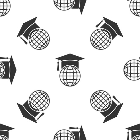 Grey Graduation cap on globe icon isolated seamless pattern on white background. World education symbol. Online learning or e-learning concept. Vector Illustrationのイラスト素材