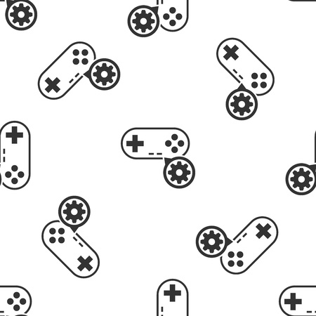 Grey Gamepad and gear icon isolated seamless pattern on white background. Adjusting app, service concept, setting options, maintenance, repair, fixing. Vector Illustrationのイラスト素材