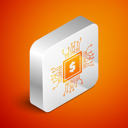 Isometric Processor chip with dollar icon isolated on orange background. CPU, central processing unit, microchip, microcircuit, computer processor, chip. Silver square button. Vector Illustrationのイラスト素材