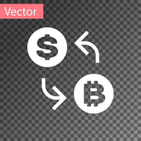 White Cryptocurrency exchange icon isolated on transparent background. Bitcoin to dollar exchange icon. Cryptocurrency technology, mobile banking. Vector Illustrationのイラスト素材
